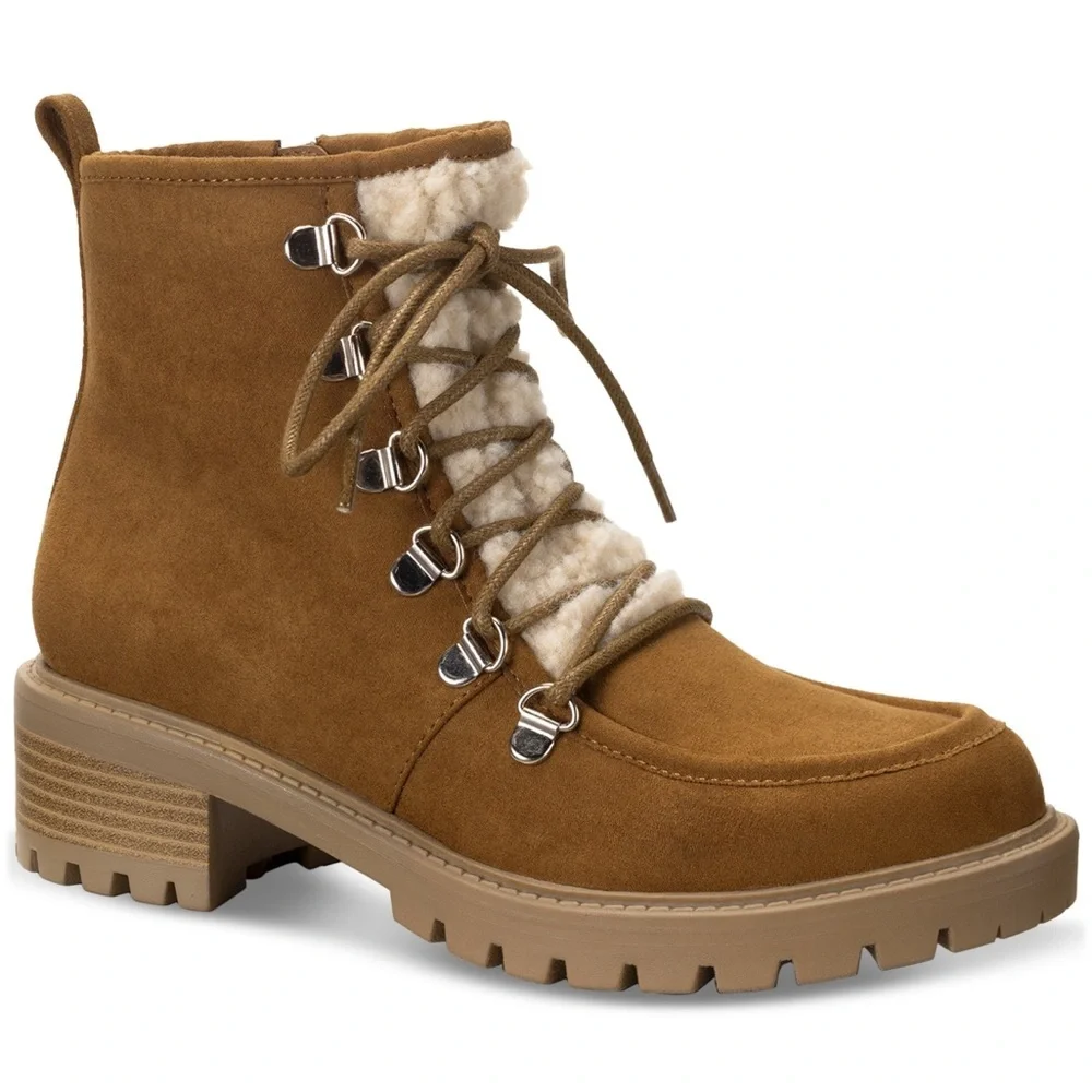 Sun + Stone Women's Brown Peanut Quiinn Lace-Up Winter Lug Booties Size 10